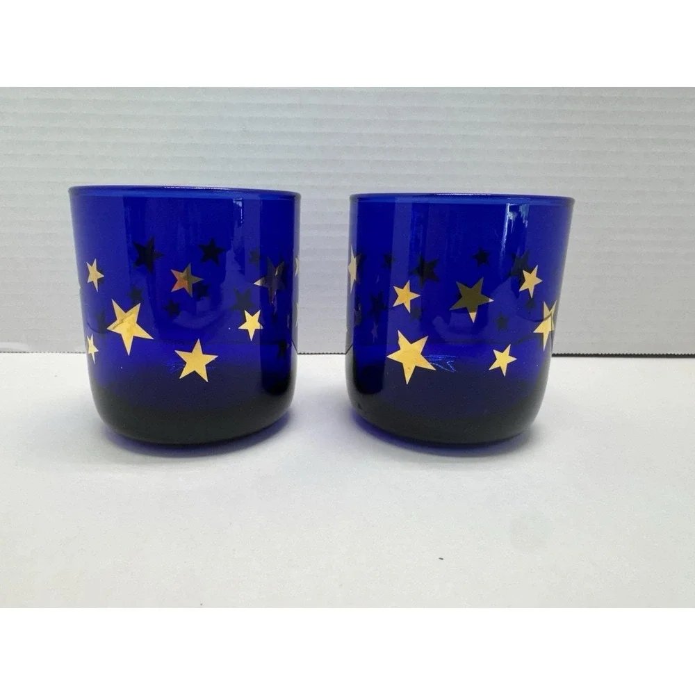 Vtg Cobalt Blue Celestial Gold Stars Lowball Glasses Set Of 2 Libbey